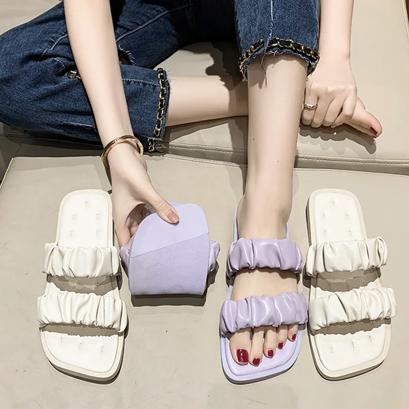 

Сланцы женские на платформе, пляжная обувь средней высоты, квадратный носок, люксовые туфли из искусственной резины, без каблука, шлепанцы, ...