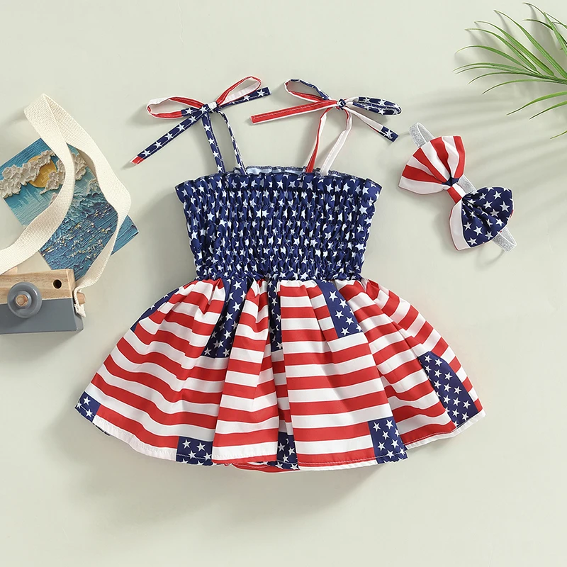 

Listenwind 0-2Y Kid Girl Romper Dress, Summer Sleeveless Star Striped Print Casual Party Street Bodysuit For Independence Day