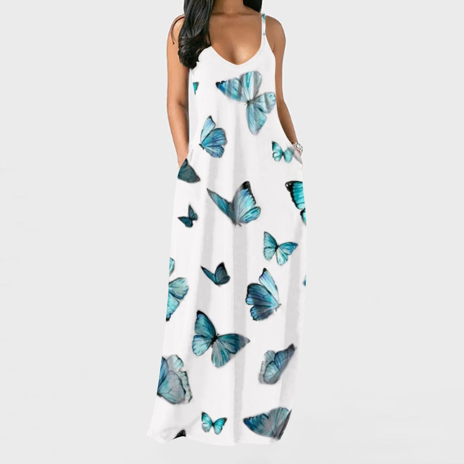 

Women's Spaghetti Straps Dress Stripe V-Neck Loose Straight Ankle-Length Dress Womens Long Sundresses Sports Dress for Women