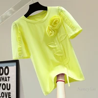 ruffled stitching t shirts for women new yellow tshirt 2022 summer korean style loose three dimensional flower solid color top
