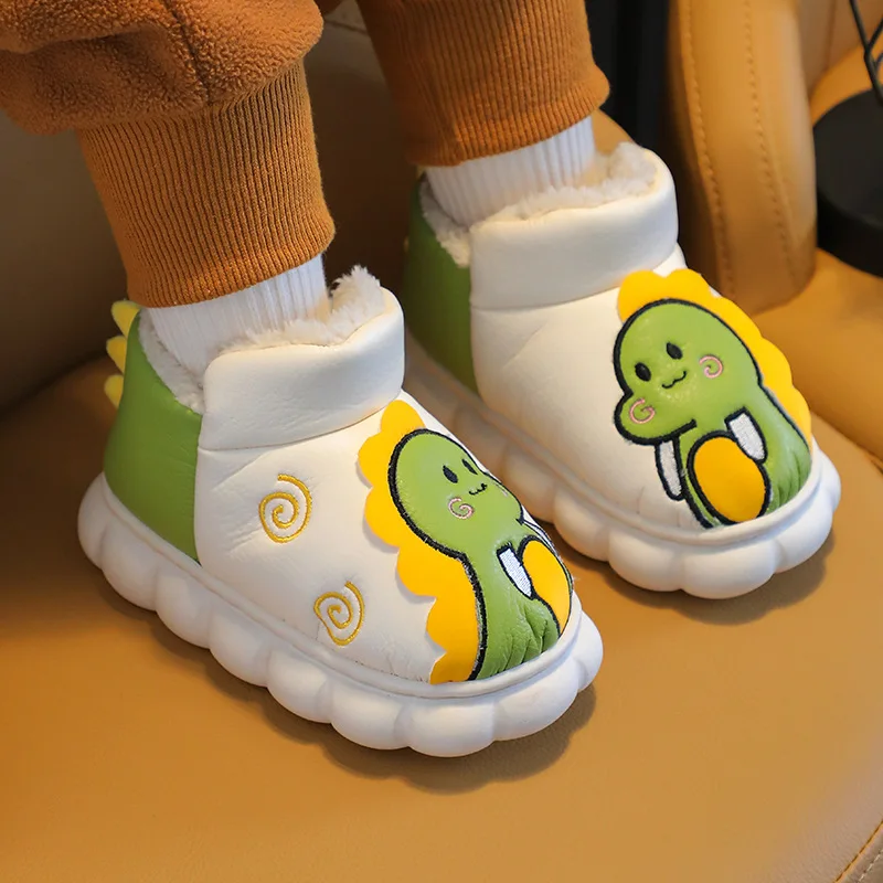 

Хлопковая обувь для мальчиков и девочек, зимние теплые ботинки из искусственной кожи с нашивками в виде мультяшного маленького динозавра для студентов и девочек, 2023