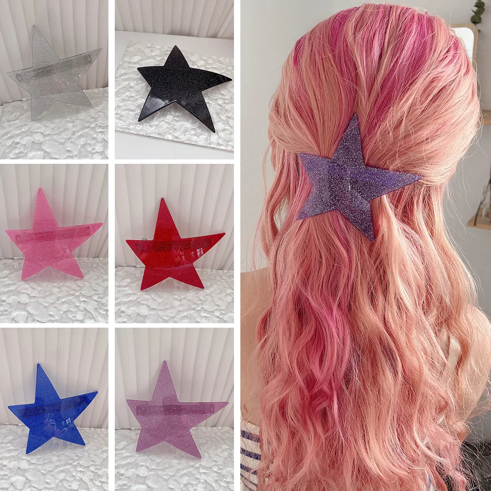 

Sweet Cool Hair Accessories Pink Black Shiny Star Hair Clips Hyperbole Harajuku Pentagram Hair Pins For Women Girls Party