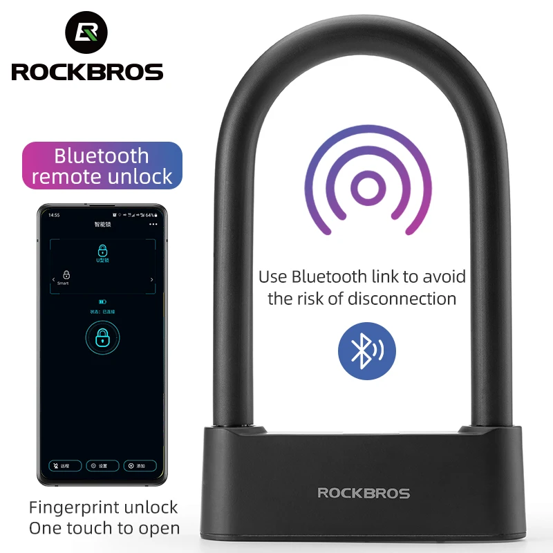 

ROCKBROS Bike Lock Smart Fingerprint Bluethooth Lock APP Unlock With Emergency Key Alloy Waterproof Lock Cycling Accessories
