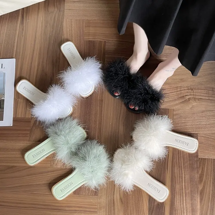 

Fur Shoes Low Ladies' Slippers Luxury Slides Slipers Women Plush Designer 2022 Flat Basic PU Synthetic Fabric Hoof Heels