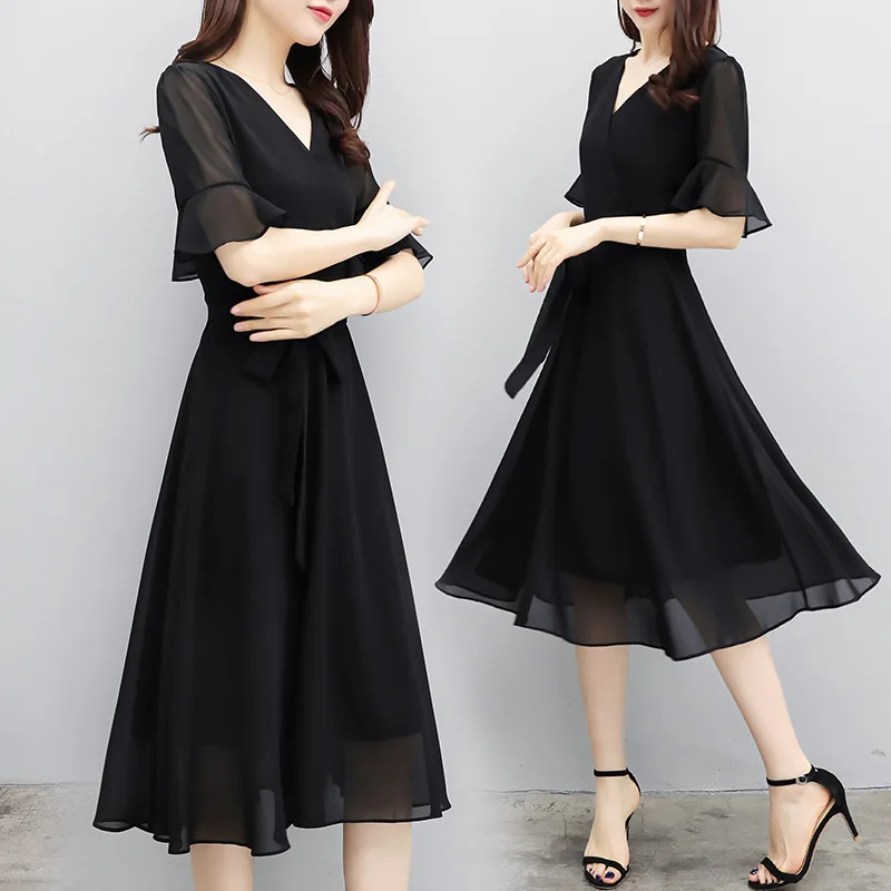 

Hepburn small black dress women's clothing 2022 summer new slim slim black chiffon dress temperament medium length skirt