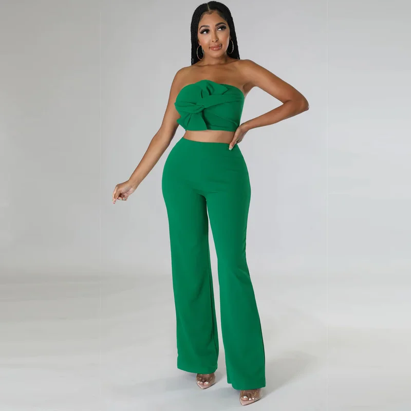 

WUHE Summer Women 2 Piece Set Strapless Tops and High Waist Wide Leg Pants Set Sweatsuit Tracksuit Outfits Party Clubwear