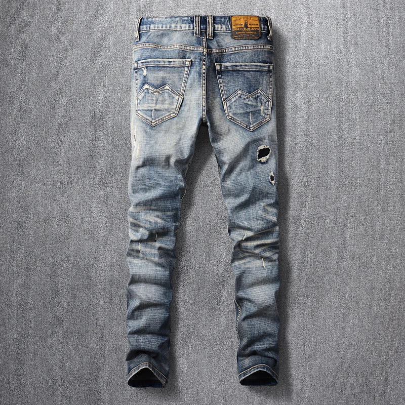 Fashion Designer Men Jeans High Quality Retro Blue Elastic Slim Fit Ripped Jeans Men Hole Patched Vintage Denim Pants Hombre