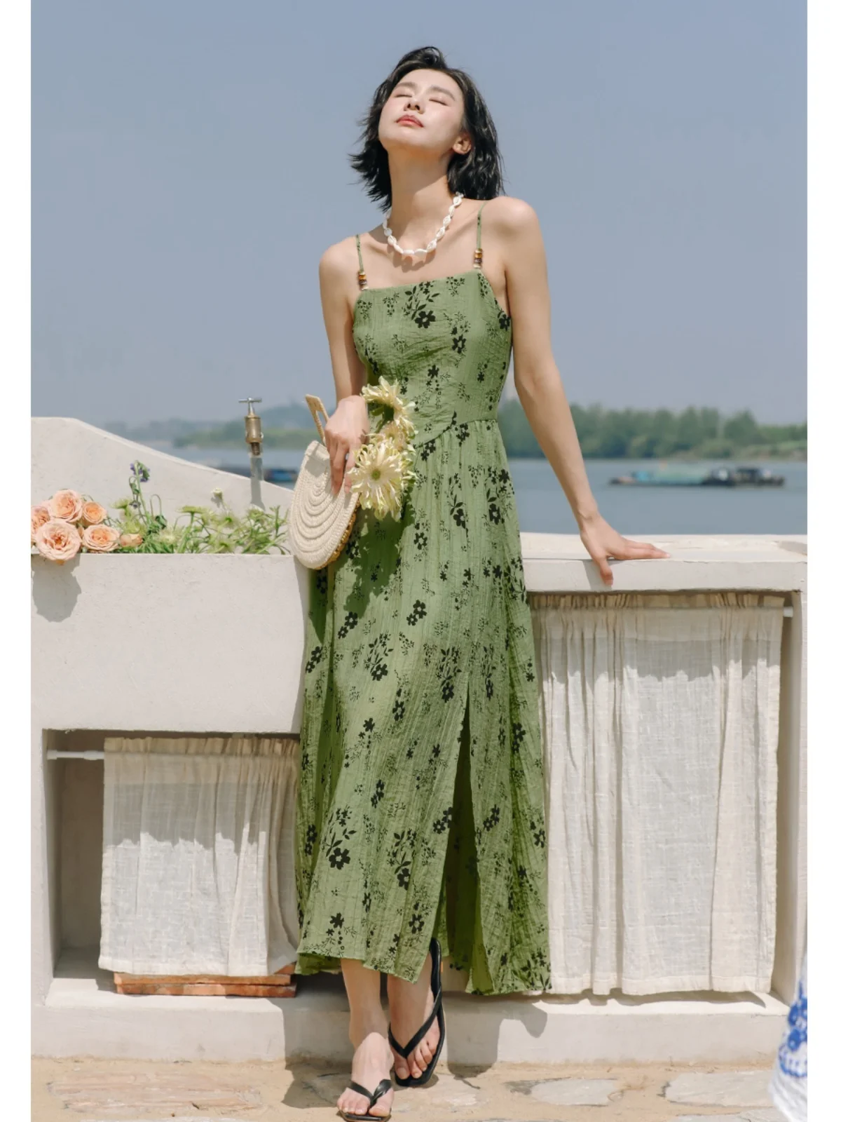 Bra Strap Dress French Floral Long Dress Luxury Women's Summer Dress Holiday Beach Dress