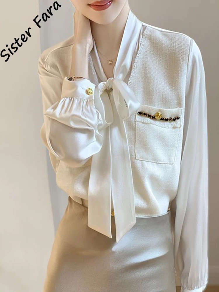 

Sister Fara Fake Two Bow Blouses for Women Spring Autumn Silk Long Sleeves Straight Blouses Ladies Single-breasted Shirts Tops