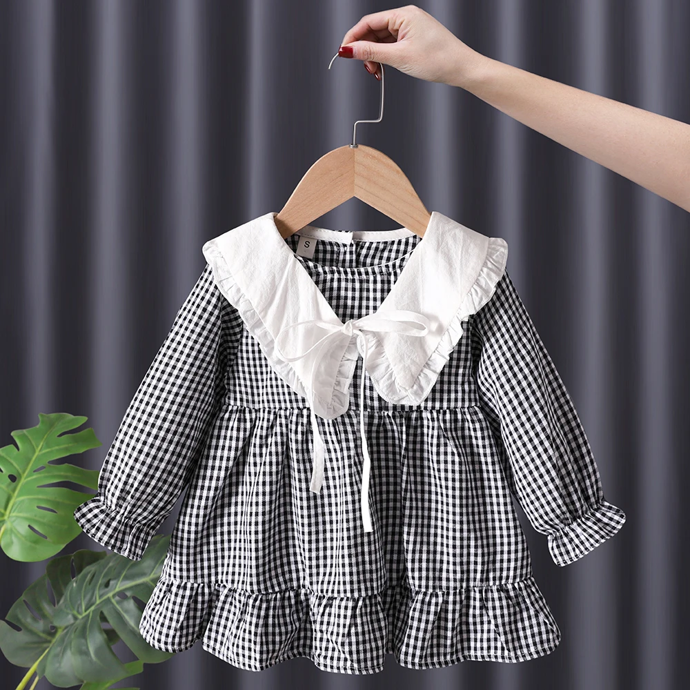 Платье детское клетчатое с оборками мягкая хлопковая одежда воротником-стойкой