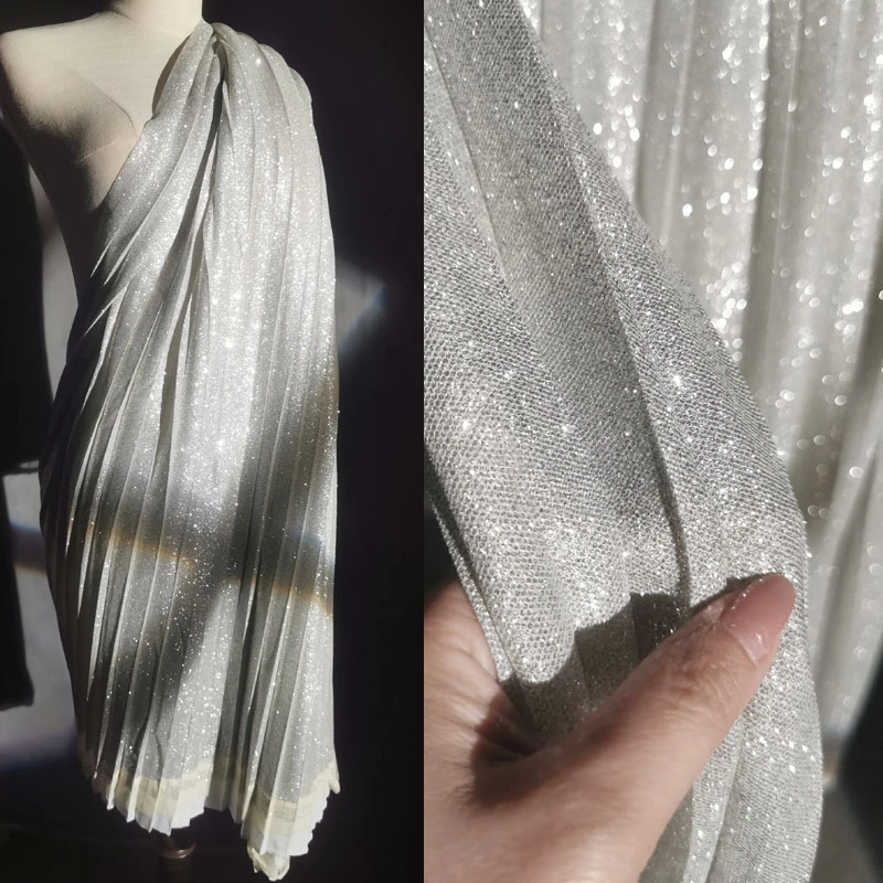 Супер Блестящая трикотажная ткань в виде серебряной пудры плиссированная для