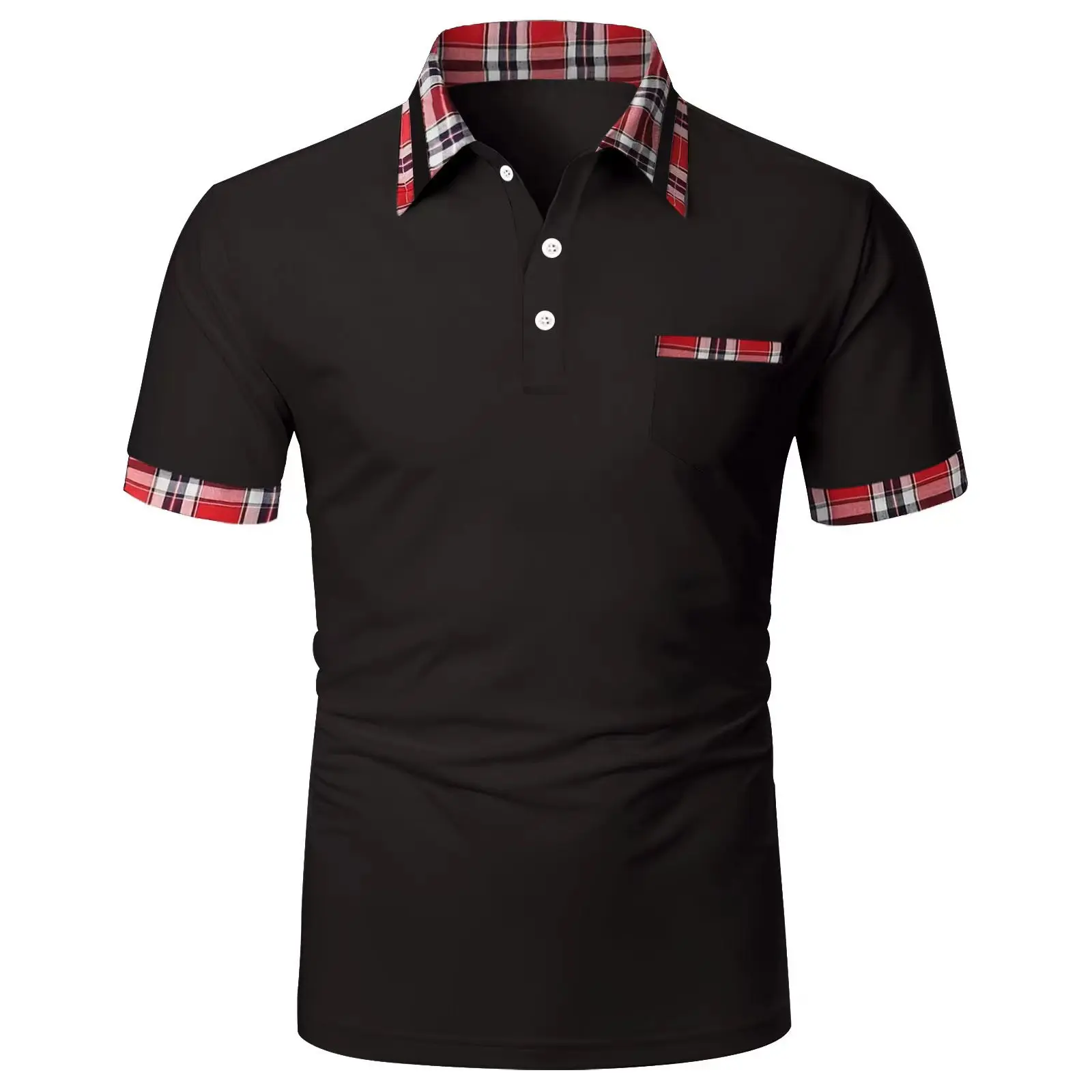 

Summer New European and American Men's Short Sleeve Checkered Button Pocket Polo Shirt
