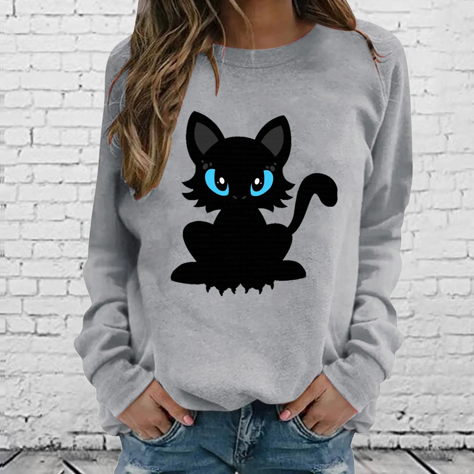 

Women Halloween Black Cat Print Long Sleeve Sweatshirt Pullover Tops Gray Blouse Shirt Female Casual Hoodies Tracksuit Sudaderas