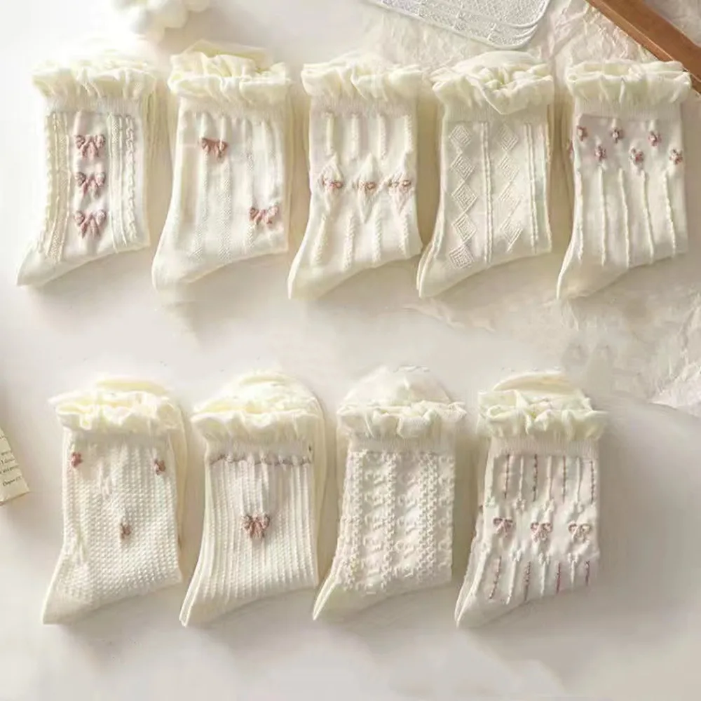 9Pcs White lace socks children's medium tube socks spring and summer thin ins Korean version breathable cute girl JK stockings