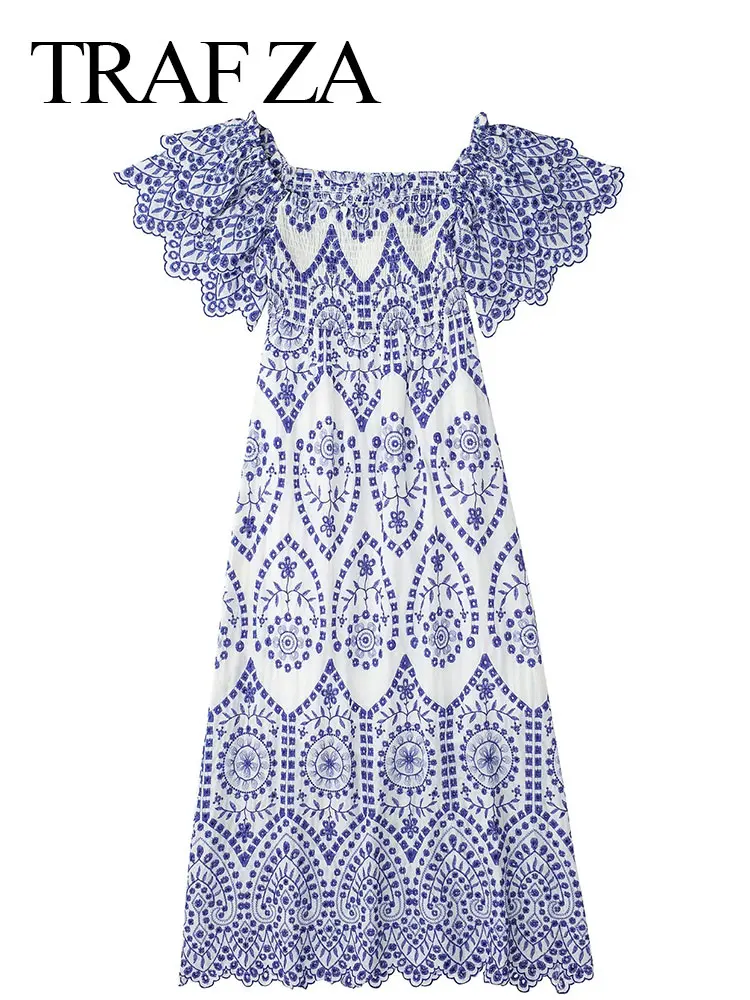 

TRAF ZA Retro Women Dress Blue White Print Square Neck Elastic Double Layer Lace Short Sleeves Back Hollow Elegant Chinese Style