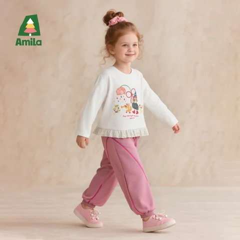 Топ с рюшами Amila для девочек, весенняя хлопковая футболка с длинными рукавами и мультяшным принтом, детский повседневный топ с оборками по подолу, розовый, белый, модный топ с рюшами для малышей