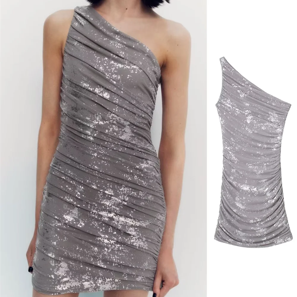 

PB&ZA 2023 Summer New Women's Wear European and American Style Metal Printing Irregular Pleated Slim Fit Silk Mesh Dress 8342252