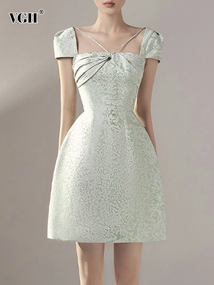 

VGH Backless Spliced Lace Up Dresses For Women Square Collar Short Sleeve High Waist Folds Dress Female Summer Style Clothing