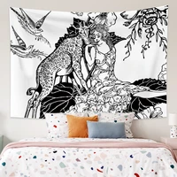 white and black beauty deer bird aesthetic tapestry psychedelic hippie wall hanging bedroom dormitory living room decorations