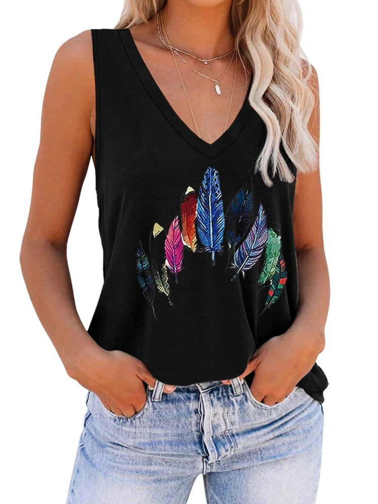 

Женская майка с принтом перьев, Повседневная пляжная майка с V-образным вырезом и градиентными полосками, цвет черный/белый/зеленый, лето 2022