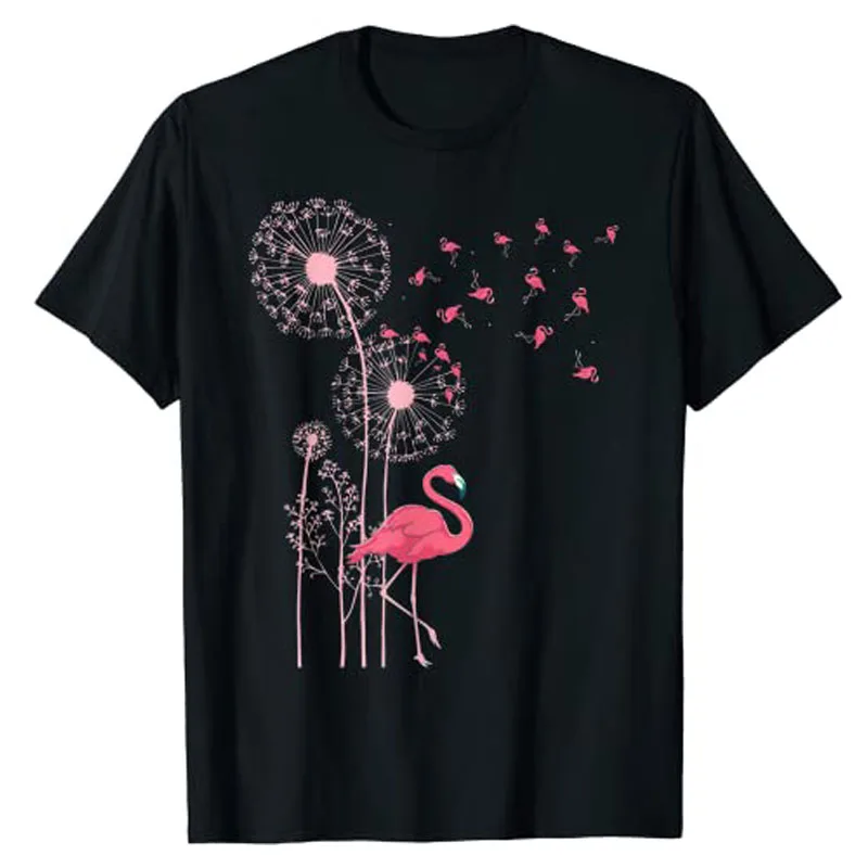 

Flower Dandelion Exotic Animal Tropical Bird Pink Flamingo T-Shirt Cute Graphic Tee Y2k Top Basic Cotton Short Sleeve Blouses
