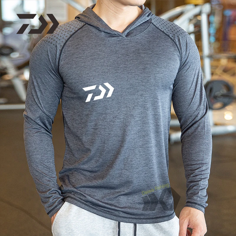 

Autumn Gym Fishing Shirt Men Casual Long Sleeve Slim Elastic Sports Fitness Breathable Quick Dry Hooded Fishing Apparel Outdoor