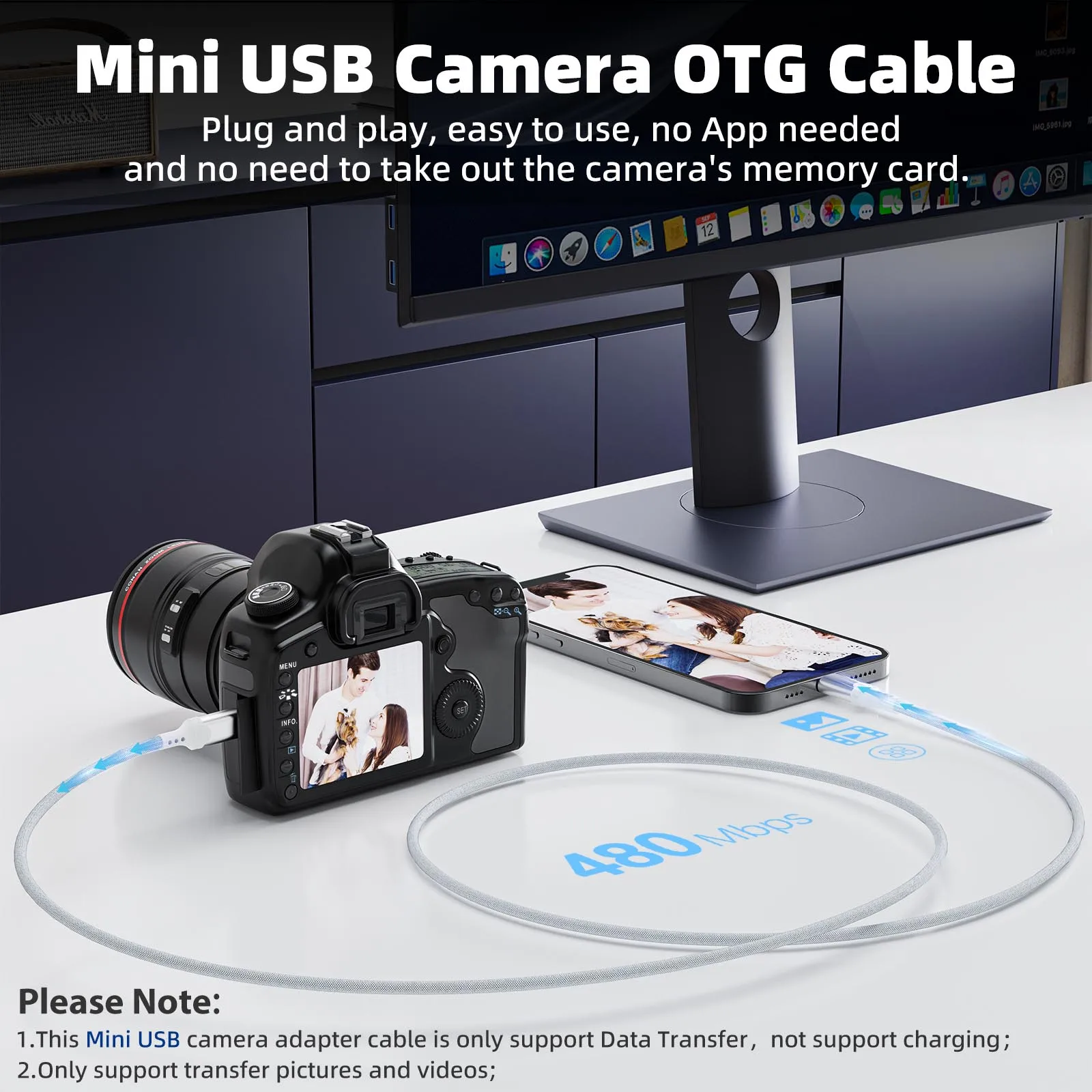 Фото Адаптер для камеры OTG, сертифицированный MFi кабель Lightning-Mini USB для Canon 5D3 Nikon D4, импортное фото-видео с iPhone 14 13 12 XR №3