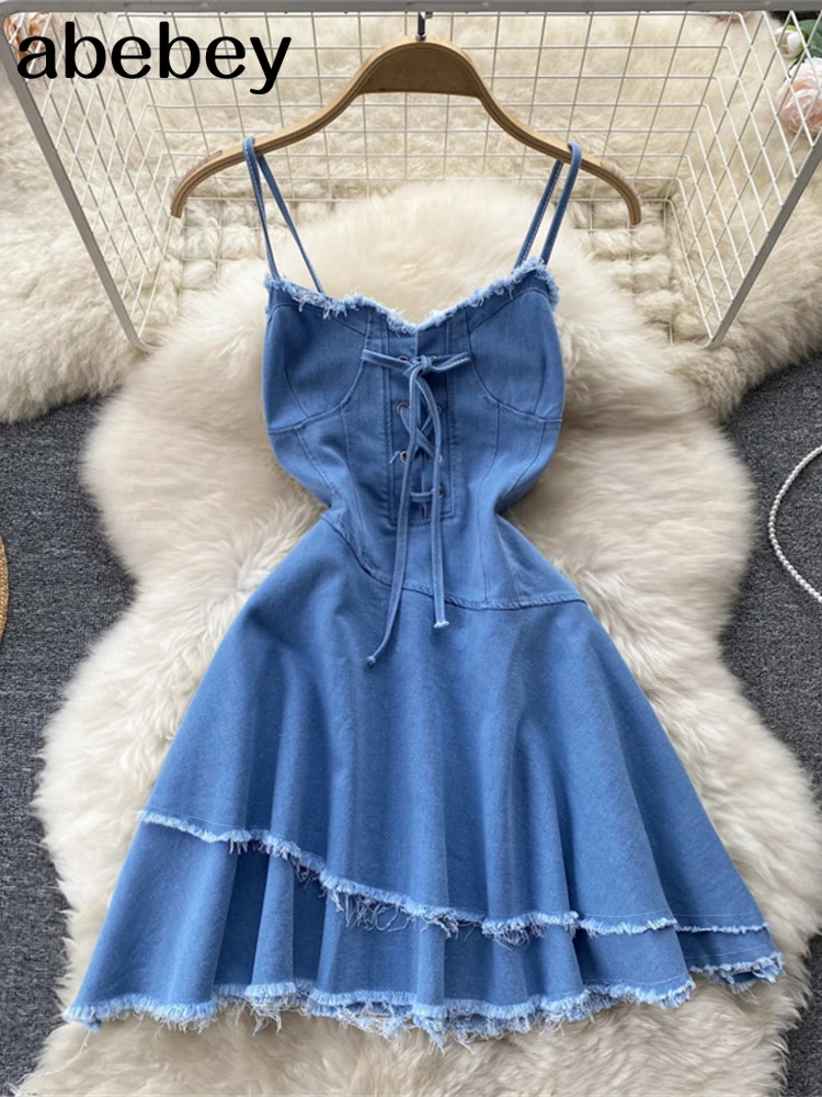 

Женское джинсовое платье-миди на завязках, однотонное Модное Элегантное Привлекательное платье-миди во французском стиле с открытой спино...