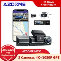 AZDOME M550 3 Channel Dash Cam, Front Inside Rear Three Way Car Dash Camera, 4K+1080P Dual Channel With GPS WiFi IR Night Vision