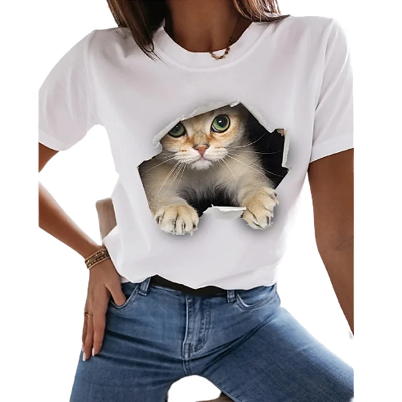 

Women Animal Print T-shirts Casual Short Sleeve Women T-shirt Dog Cat O Neck Loose Plus Size 3XL Female Clothes