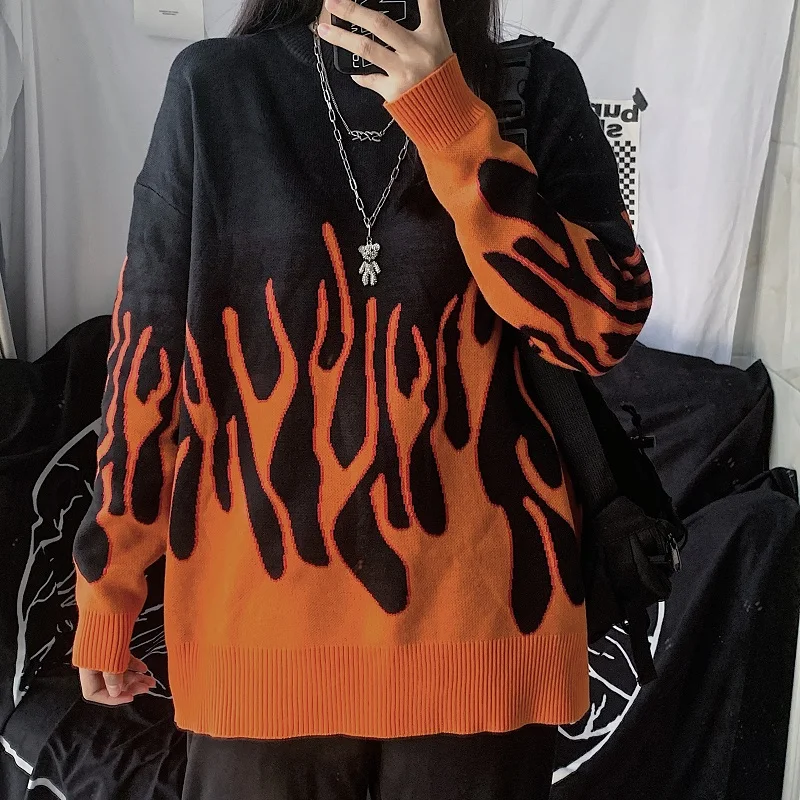 

Harajuku Pullovers Women Men Autumn Winter Sweaters Casual Loose Flame Pattern Aesthetic Grunge Couple Clothes High Street