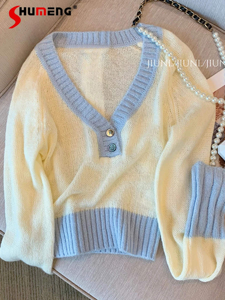 

French Style Sweet Contrast Color V-neck Knitwear Top Women 2022 Early Autumn New Fashion Gentle Elegant Chic Pullover Sweater