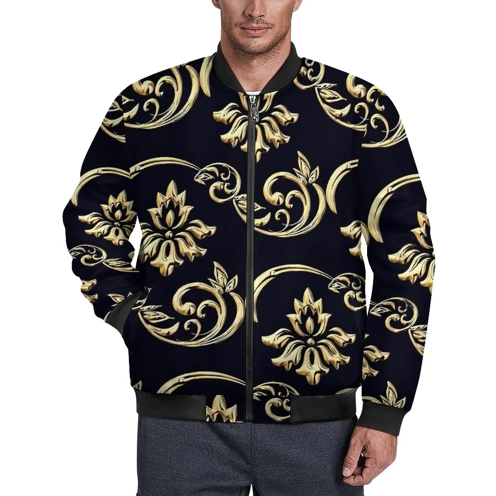 

Golden Baroque Jackets Retro Floral Waterproof Autumn Coats Men Cool Casual Jacket Graphic Outerwear Oversize Windbreakers Gift
