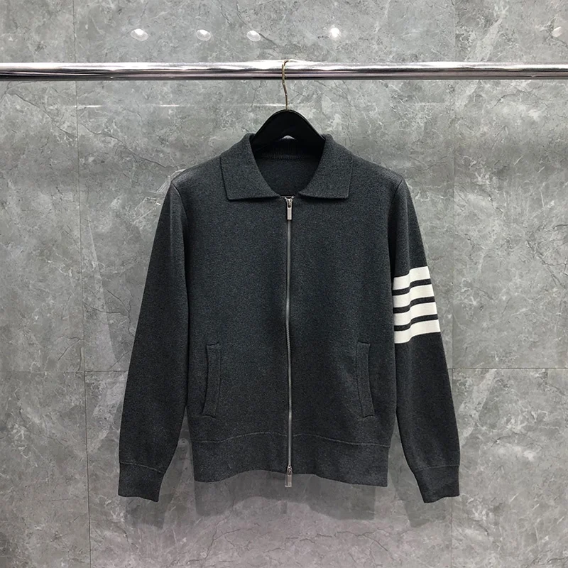 

THOM TB Men's Sweaters Autunm Winter Fashion Brand Coats White 4-Bar Stripe Zip-up Turn-down Collar Cardiagan Gray TB Sweaters