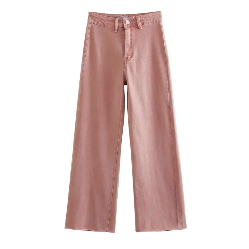 

Женские прямые джинсы с завышенной талией TRAF, Летние удобные розовые Бесшовные Джинсы с накладными карманами на спине, 2023