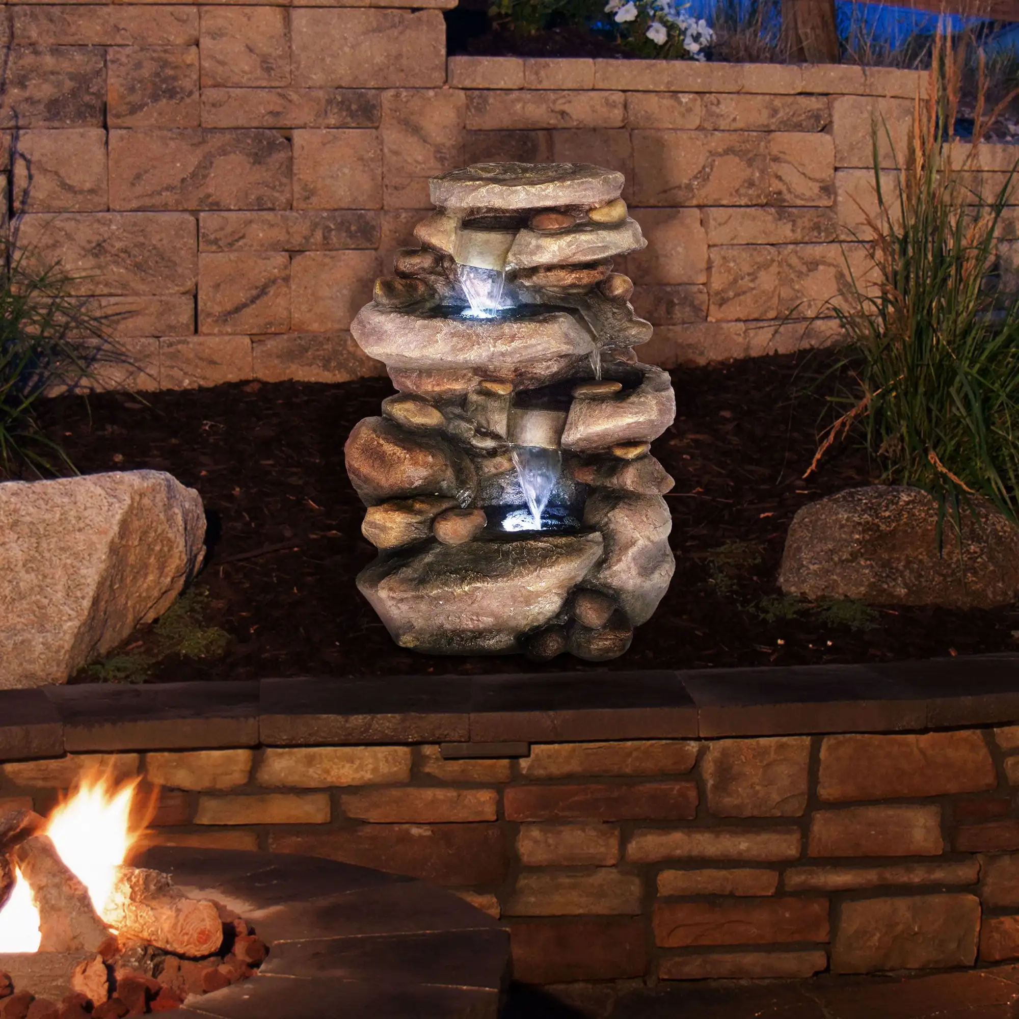 

Garden Outdoor Water Fountain With LED Lights, Lighted Cascade Waterfall, Natural Looking Stone and Soothing Sound