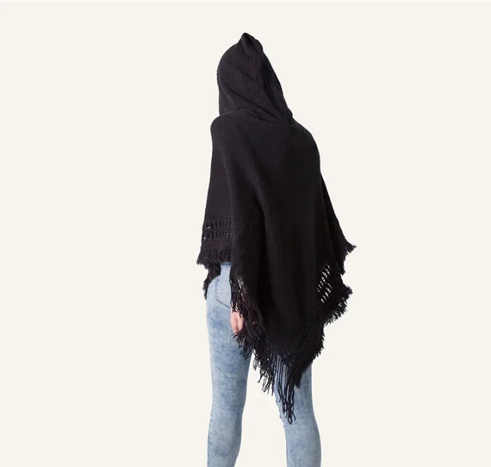 Весенне-осенний новый женский зимний вязаный пончо с капюшоном накидка вязанная