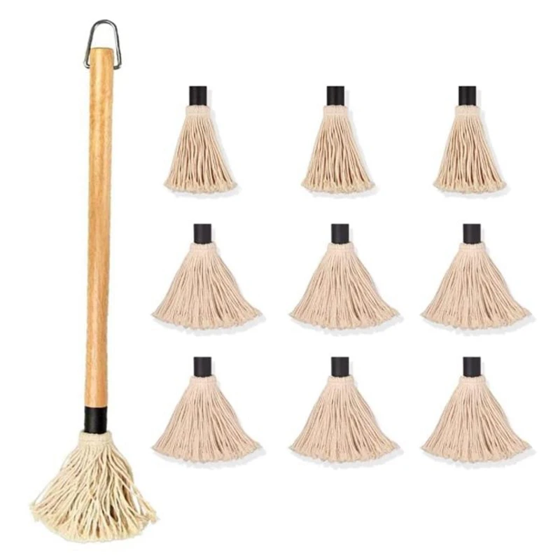 

1 Pack Grill Basting Mop Wooden Long Handle With 9 Extra Replacement Heads,BBQ Basting Mop For Grilling Barbecue Cooking