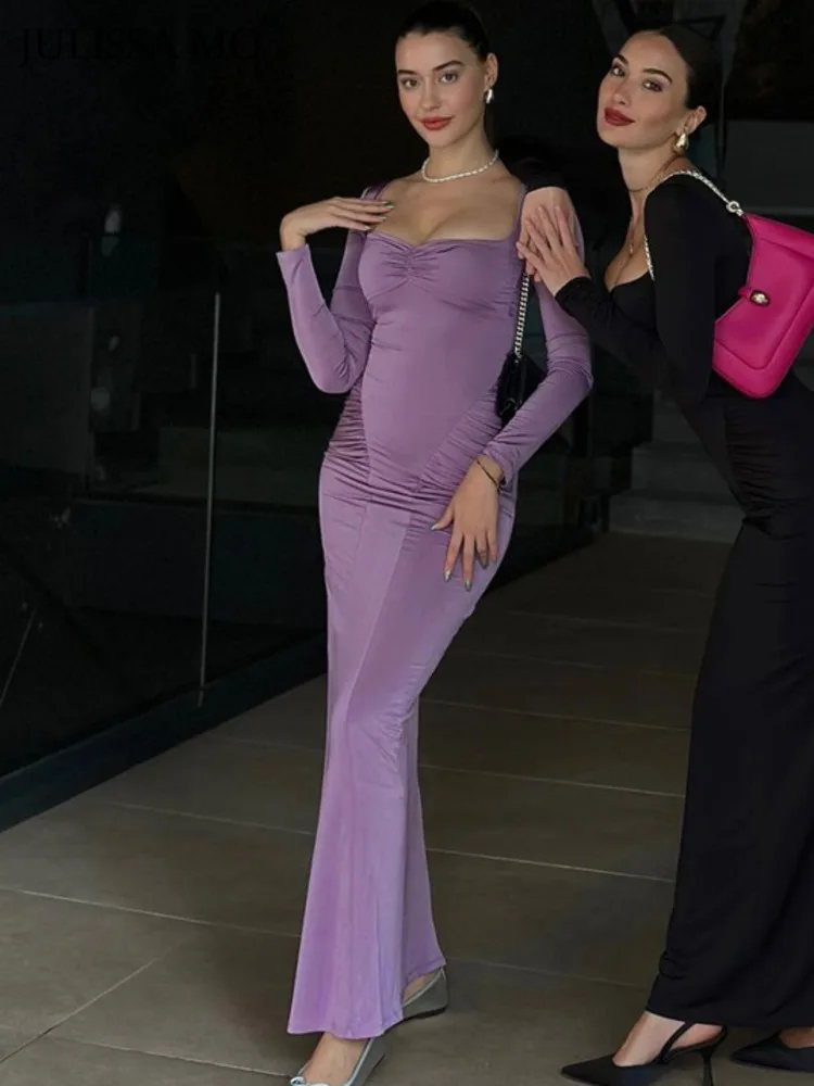

JULISSA MO Elegant Women's Autumn Square Neck Long Sleeve Solid Maxi Dress Chic Slim Ruched Bodycon Long Dress Evening Dress