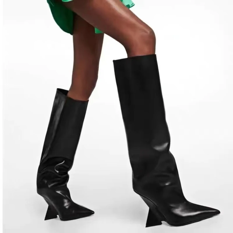 

Europe and America 2023 Autumn Winter New Shaped High Heels Fashion Elegant Slim Fitting Knee High Boot Big Size 43