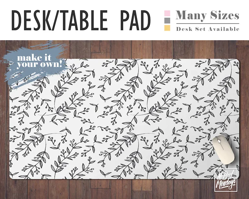 

Leafy Print Desk Mat, Available Custom Monogram - 3 Sizes - High Quality Digital Print, Extended Mouse Pad - Desk Set