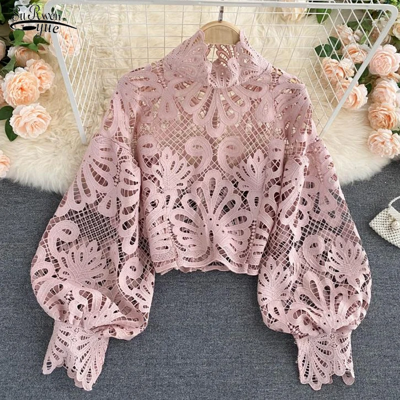 

New Long Sleeve Women's Shirts Sexy Lace Hollow Out Women Blouse Female Elegant Female Clothing Casual Loose Tops Blusas 16231