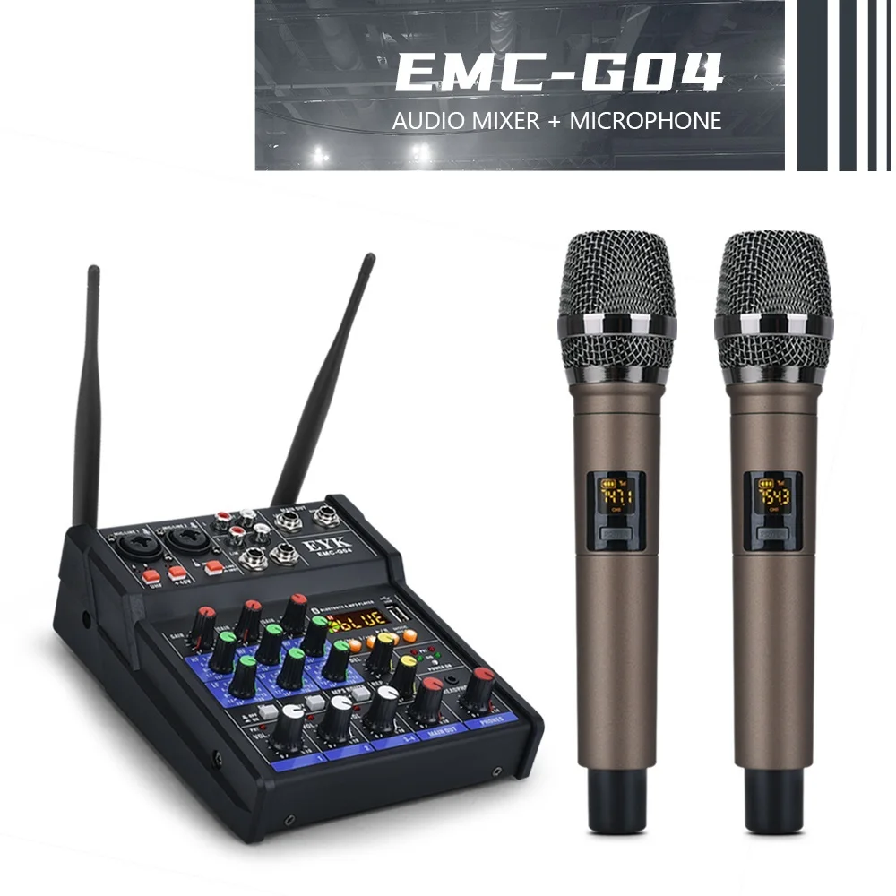 

Go Stereo Audio Mixer Build-in UHF Wireless Mics 4 Channels Mixing Console with Bluetooth USB Effect for DJ Karaoke PC Guitar