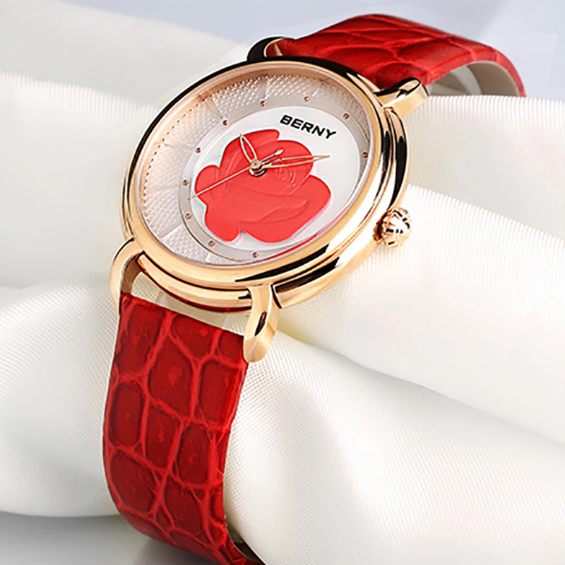 BERNY Luxury Women Quartz Watch Leather Strap Elegant Female Design Flower Waterpoof Fashion Diamond Watch for Ladies Wristwatch