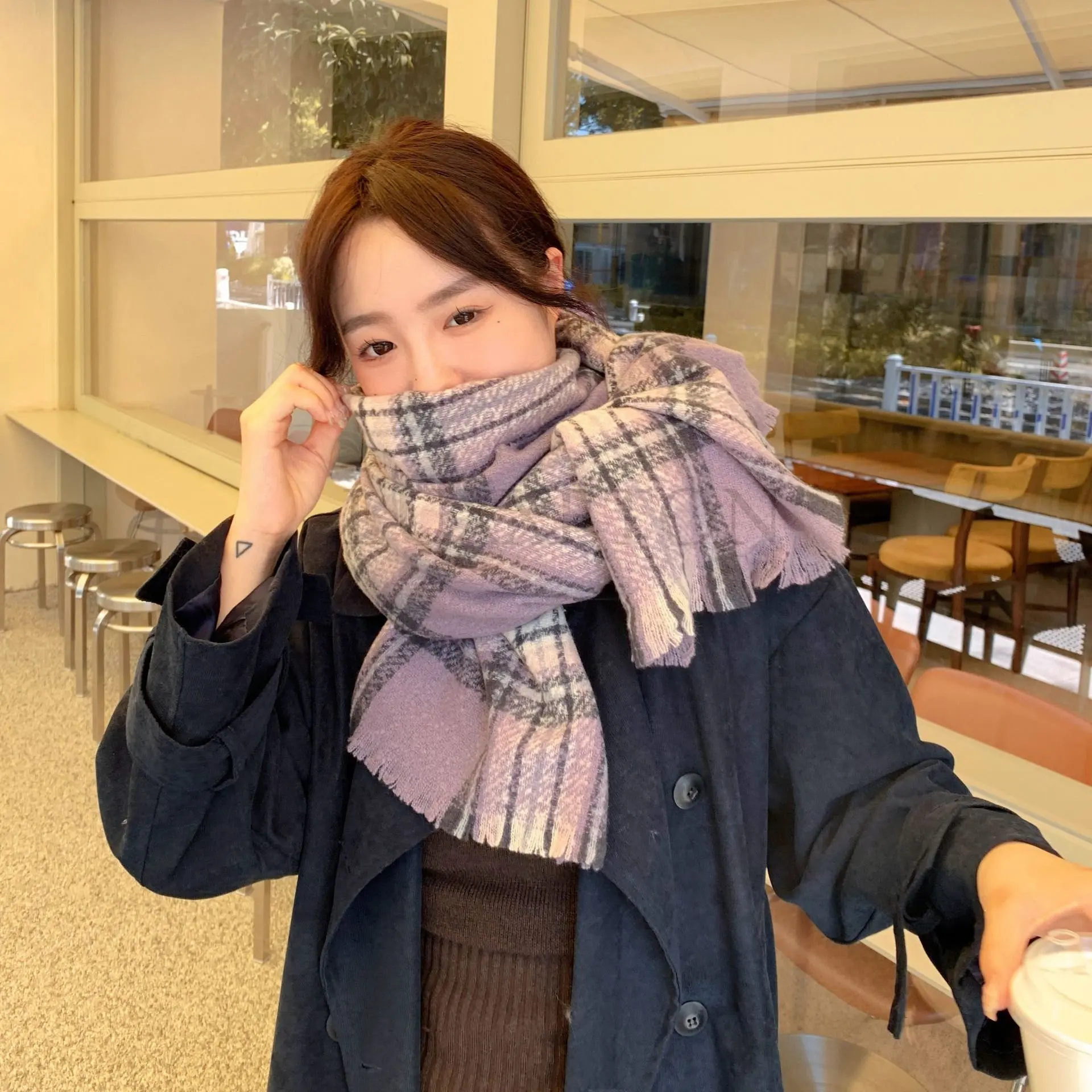 

Checked Scarf Women's Winter Korean Hound Warm Thick Student Style All Pair with Elegant Fashion Shawl