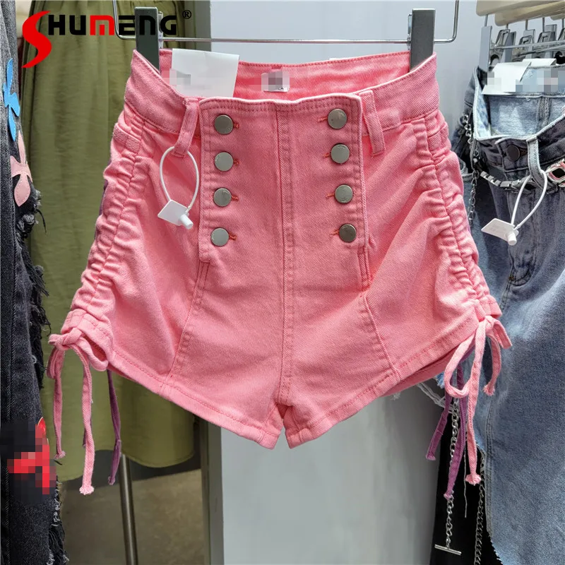 

Korean Style Double Breasted High Waist Short Jeans Women 2022 Summer Slimming Drawstring Lace Up Pleated Denim Shorts Hot Pants