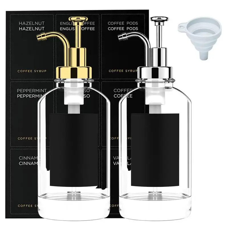 

500ml Coffee Syrup Dispenser Clear Coffee Syrup Pump Coffee Dispenser 2 Pumps Funnel 9 Minimalist Labels for Dish Soap Mouthwash