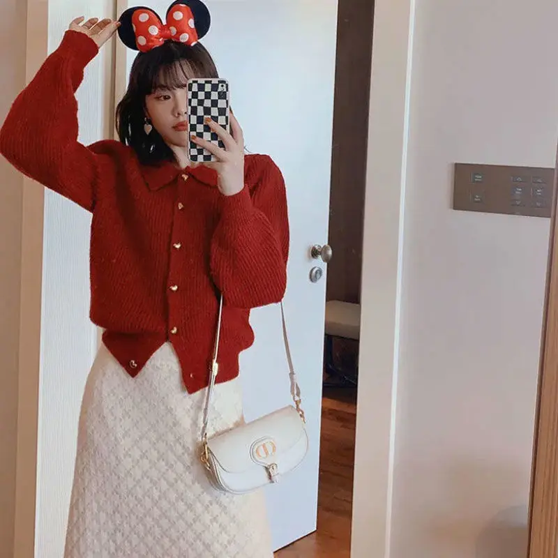 

Christmas Red Sweater Women Autumn Winter 2023 Solid Casual Slouchy Style Elegant Underlay Knitted Cardigan Sweater Female Tops
