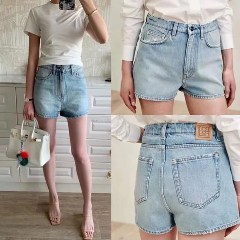 Totem* High Waisted Jeans Shorts Women Vintage Washed Denim Summer New Cotton Non-stretch Denim Wide Leg Loose Skinny Hot Pants