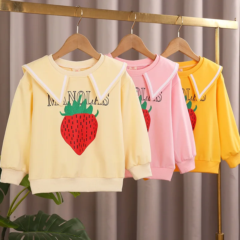 

Милые свитшоты для девочек с принтом клубники, детские топы на весну и осень, одежда, женские пуловеры, рубашки